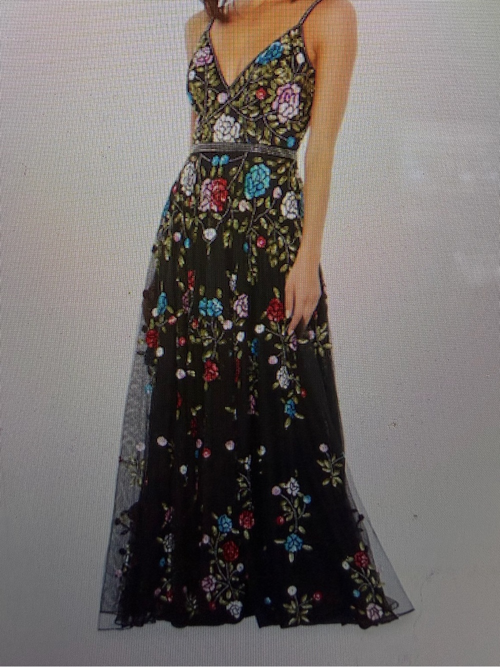 Mac Duggal Black Tulle A-Line Skirt with Multicolor Floral Embroidery